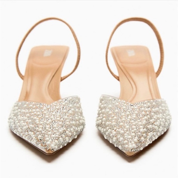 Zara Clear PVC Pearl & Rhinestone embellished Pointed Toe Slingback heels - Picture 7 of 7